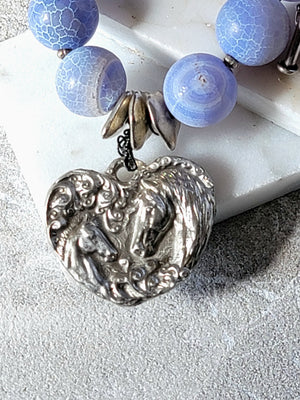 Blue Agate Mare & Foal Pewter Heart Charm Bracelet — Sterling Silver Toggle Clasp