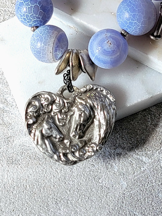 Blue Agate Mare & Foal Pewter Heart Charm Bracelet — Sterling Silver Toggle Clasp