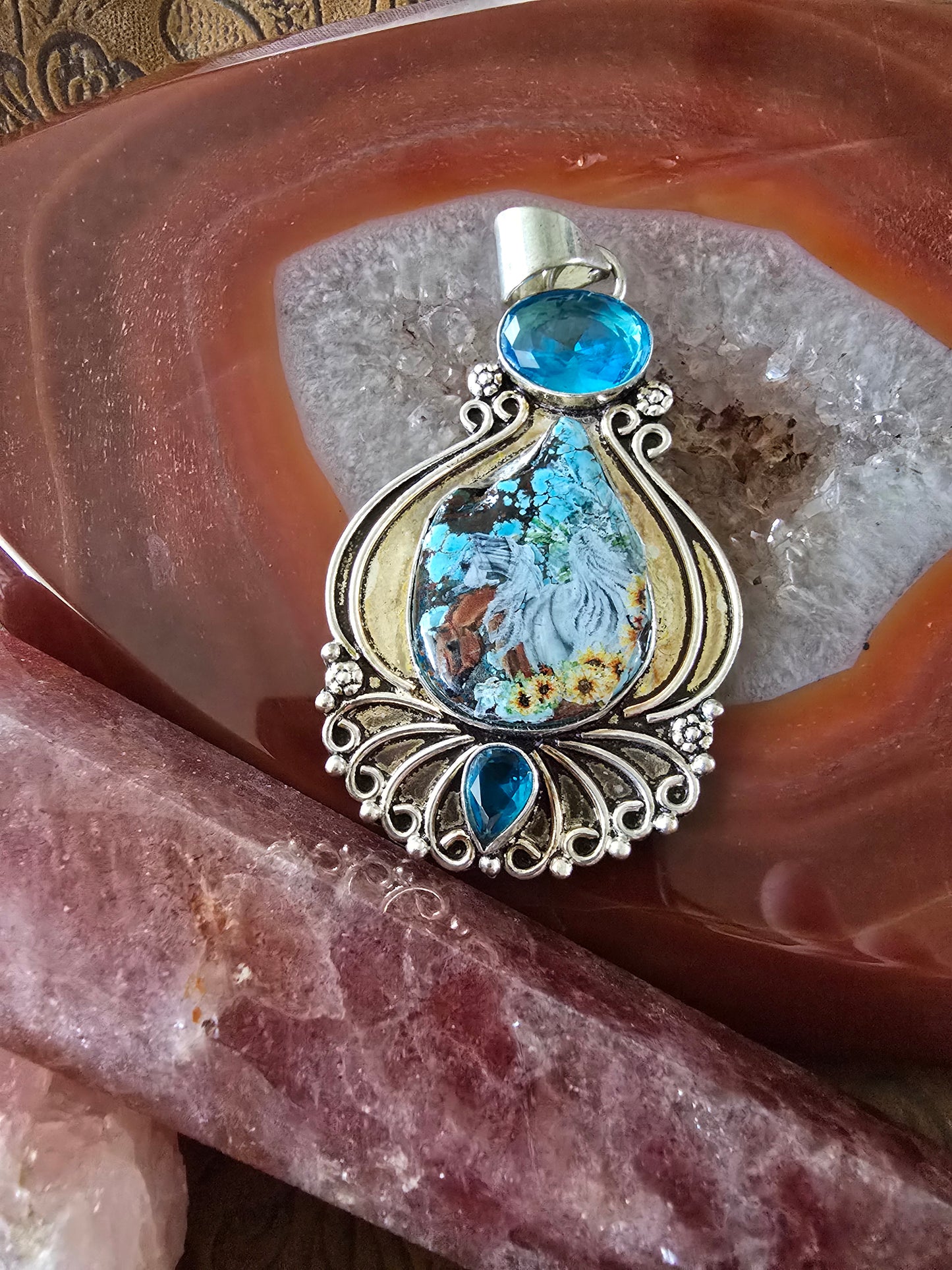 Horse Decal Pendant — Turquoise Matrix Cabochon in Silver Filigree Setting — As-Is