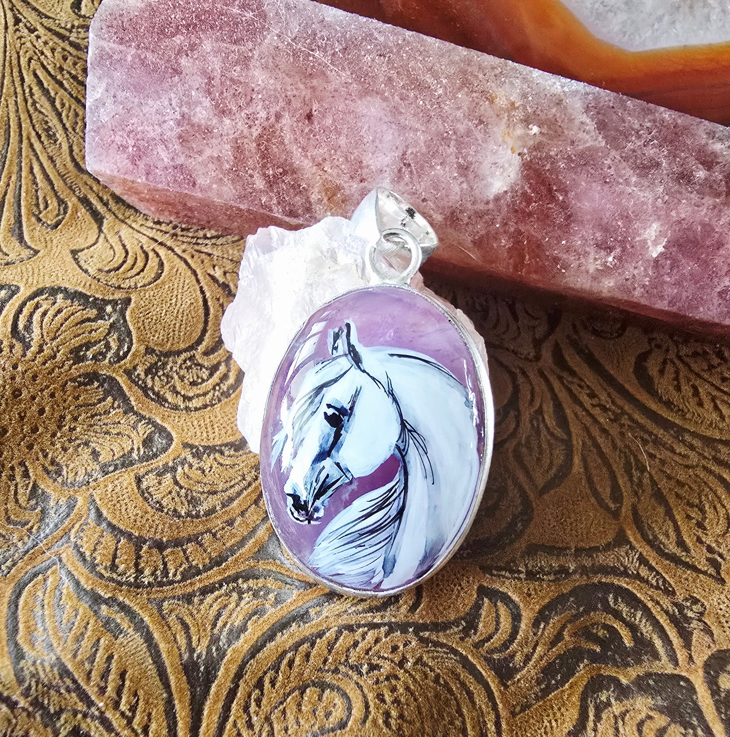 Rose Quartz Horse Pendant – Handpainted Original Art