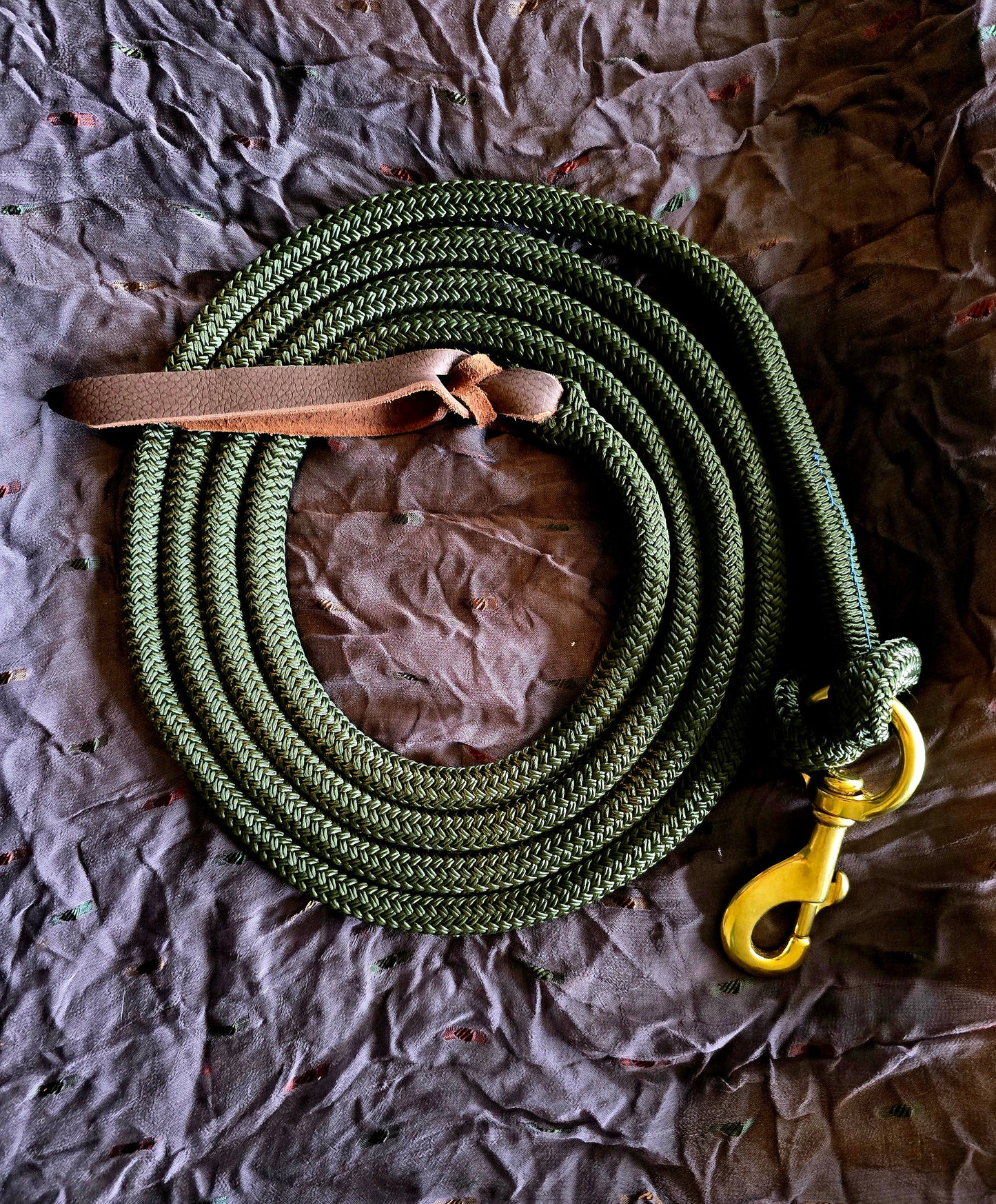 Handcrafted 10' Lead Rope with Leather Popper — Olive Green