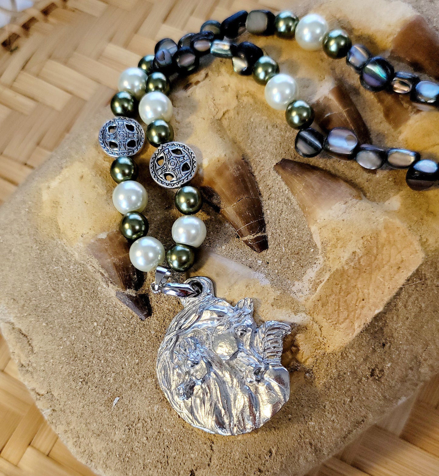 Pewter Arabian Mare and Foal Gemstone Necklace set earrings
