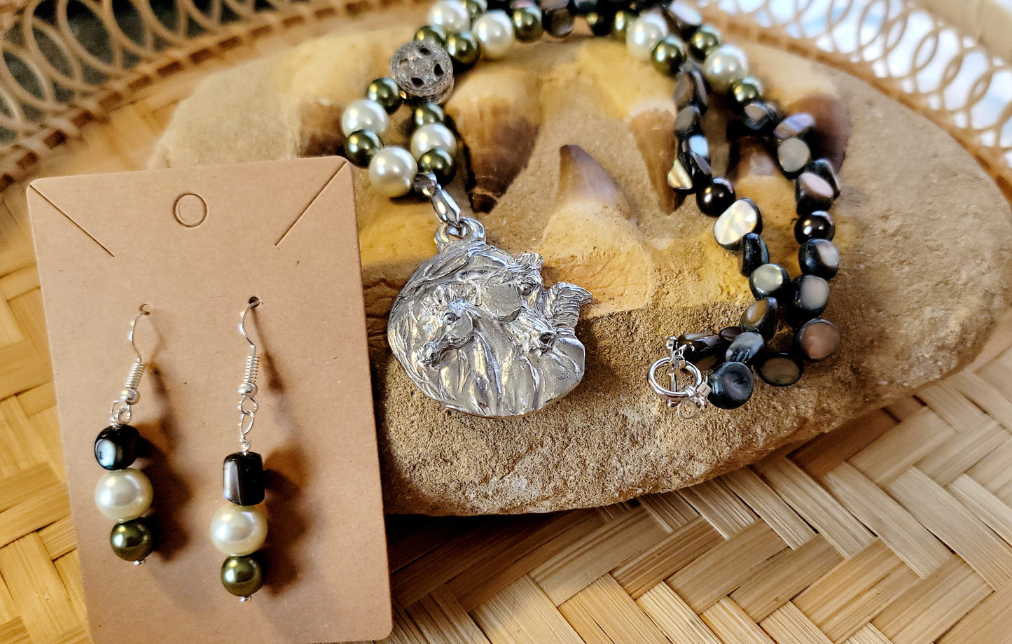 Pewter Arabian Mare and Foal Gemstone Necklace set earrings