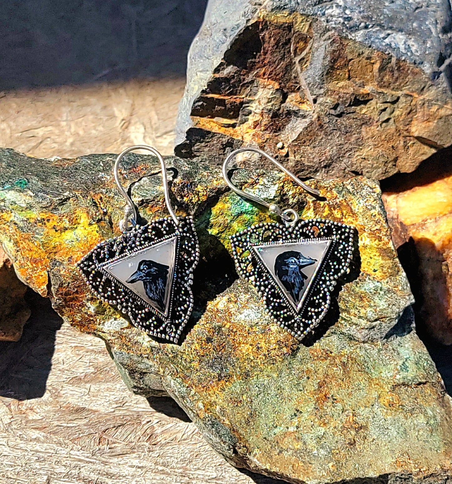 Hand Painted Raven Moonstone Gothic Sterling Silver Earrings