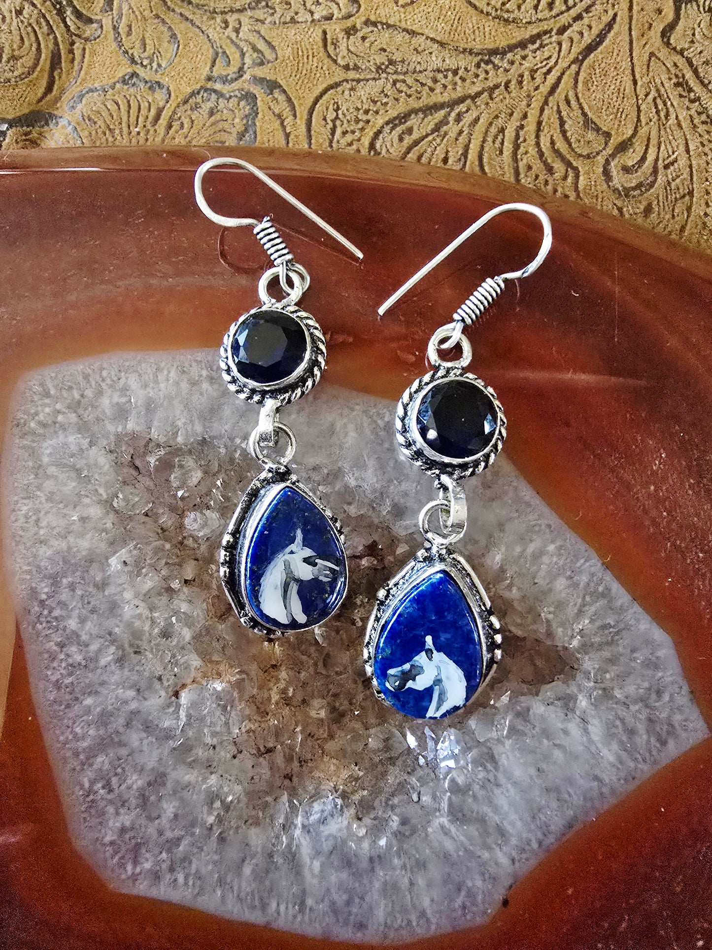 Hand-Painted Arabian Horse Earrings — Lapis Lazuli & Black Sapphire