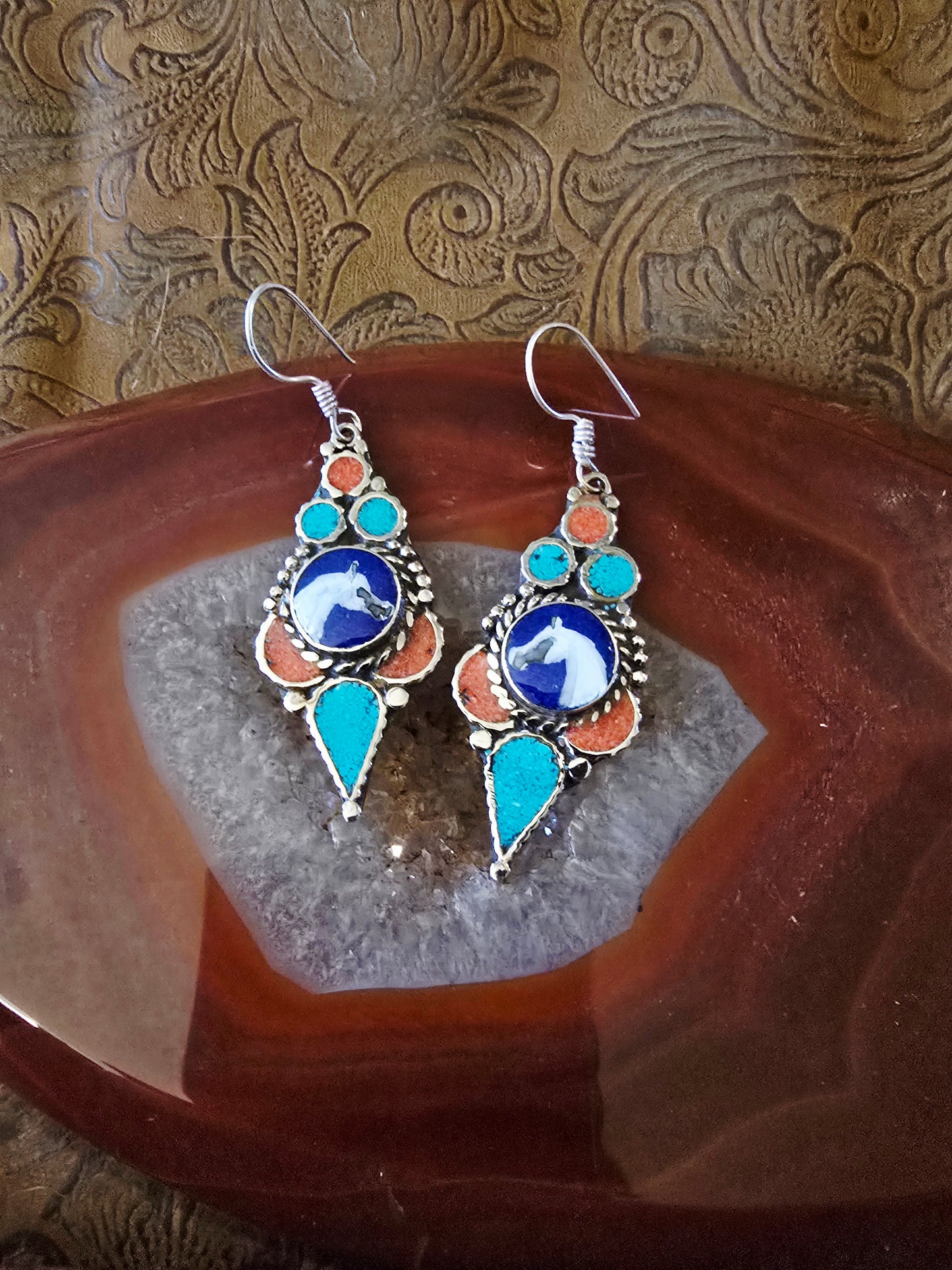 Hand-Painted Arabian Horse Sterling Silver Earrings — Lapis, Coral & Turquoise Inlay