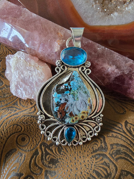 Horse Decal Pendant — Turquoise Matrix Cabochon in Silver Filigree Setting — As-Is