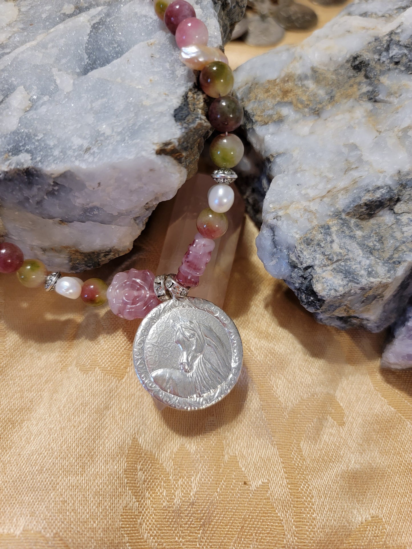 Arabian Horse Sterling Silver Necklace — Rose Quartz, Biwa Pearls & Pink Tourmaline