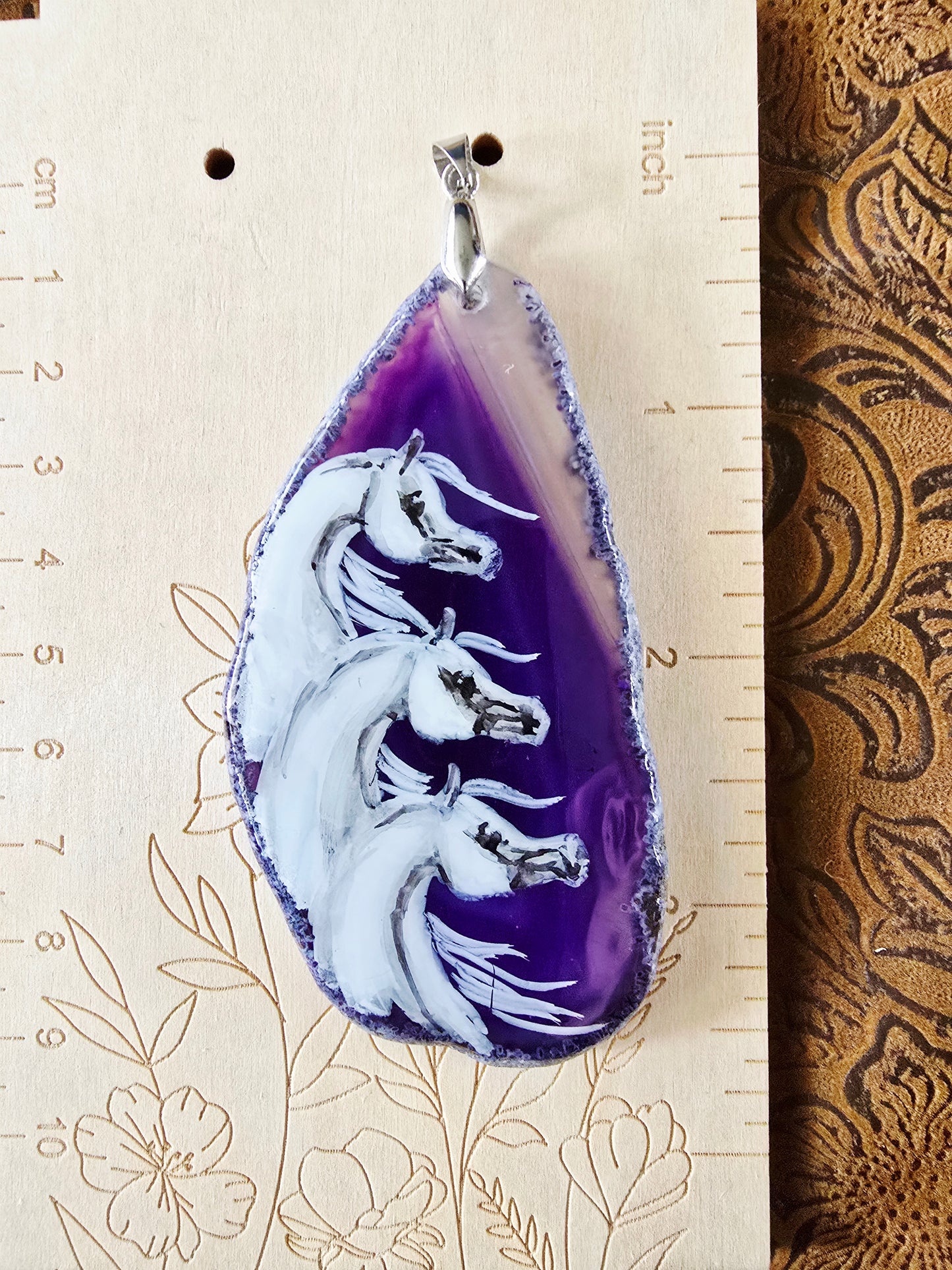 Hand-Painted Three Horses Pendant — Purple Dyed Brazilian Agate Slice