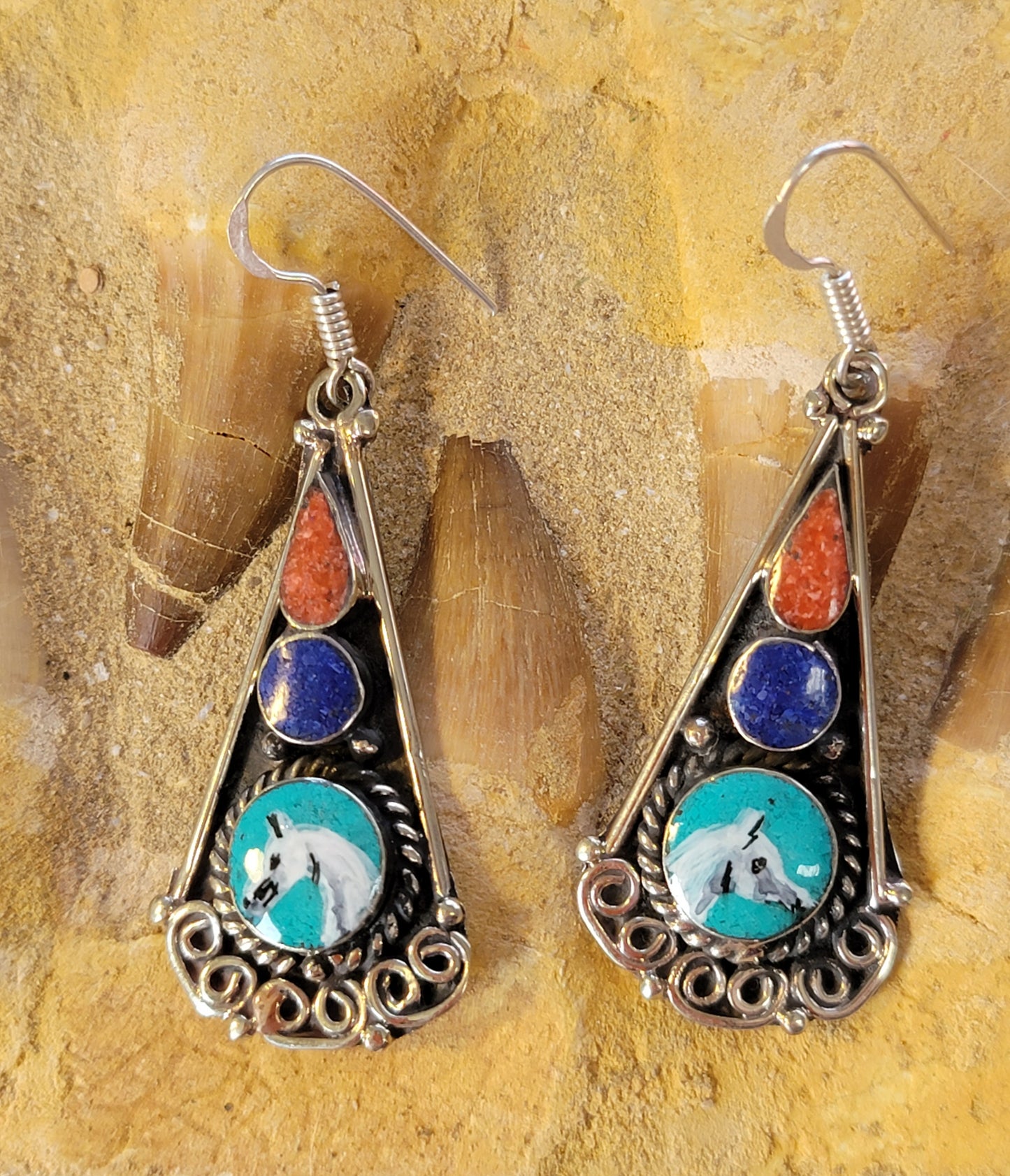 Hand Painted Tribal Arabian Horse Sterling Silver Earrings