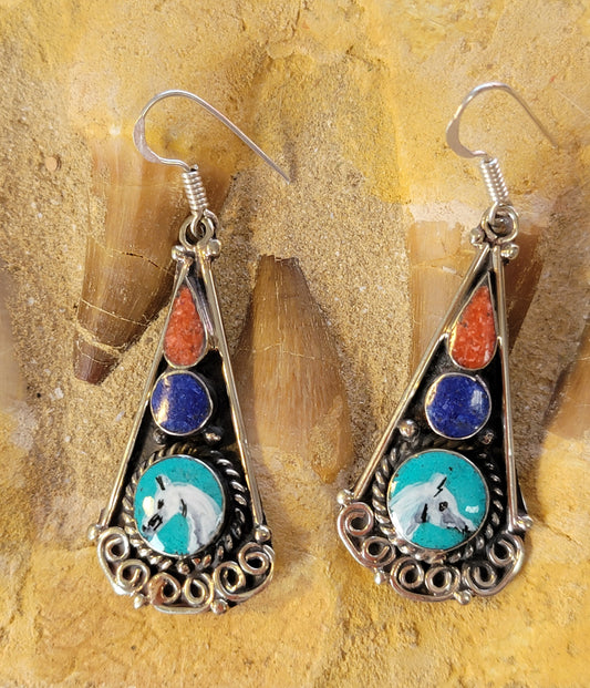 Hand Painted Tribal Arabian Horse Sterling Silver Earrings