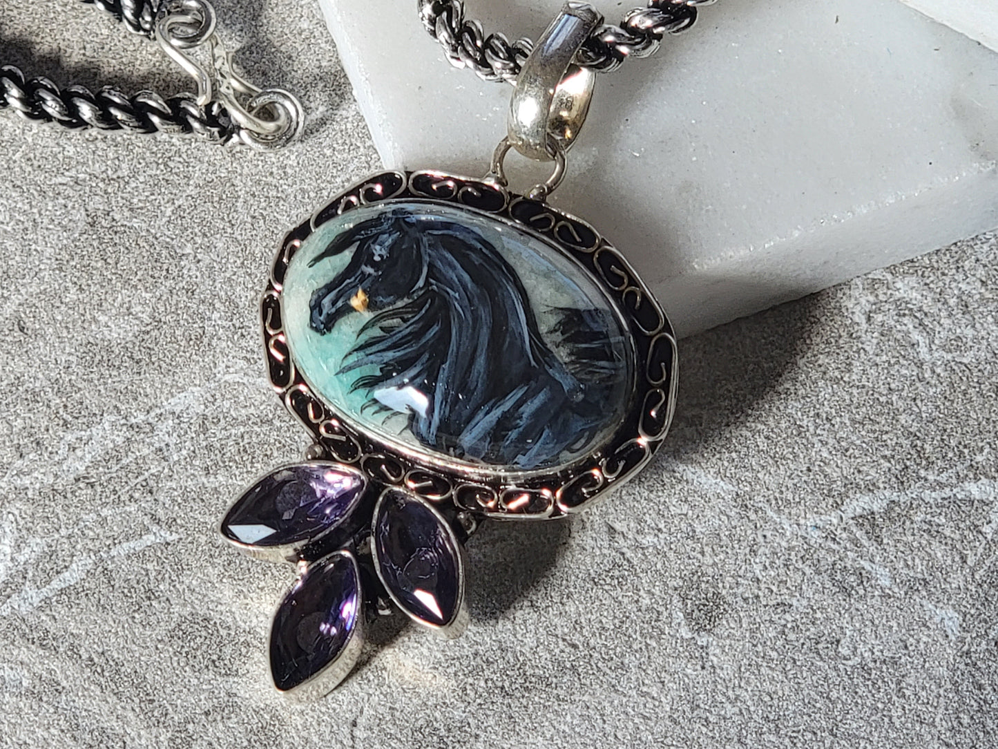 Black Arabian Horse Hand Painted Gemstone Sterling Silver Necklace
