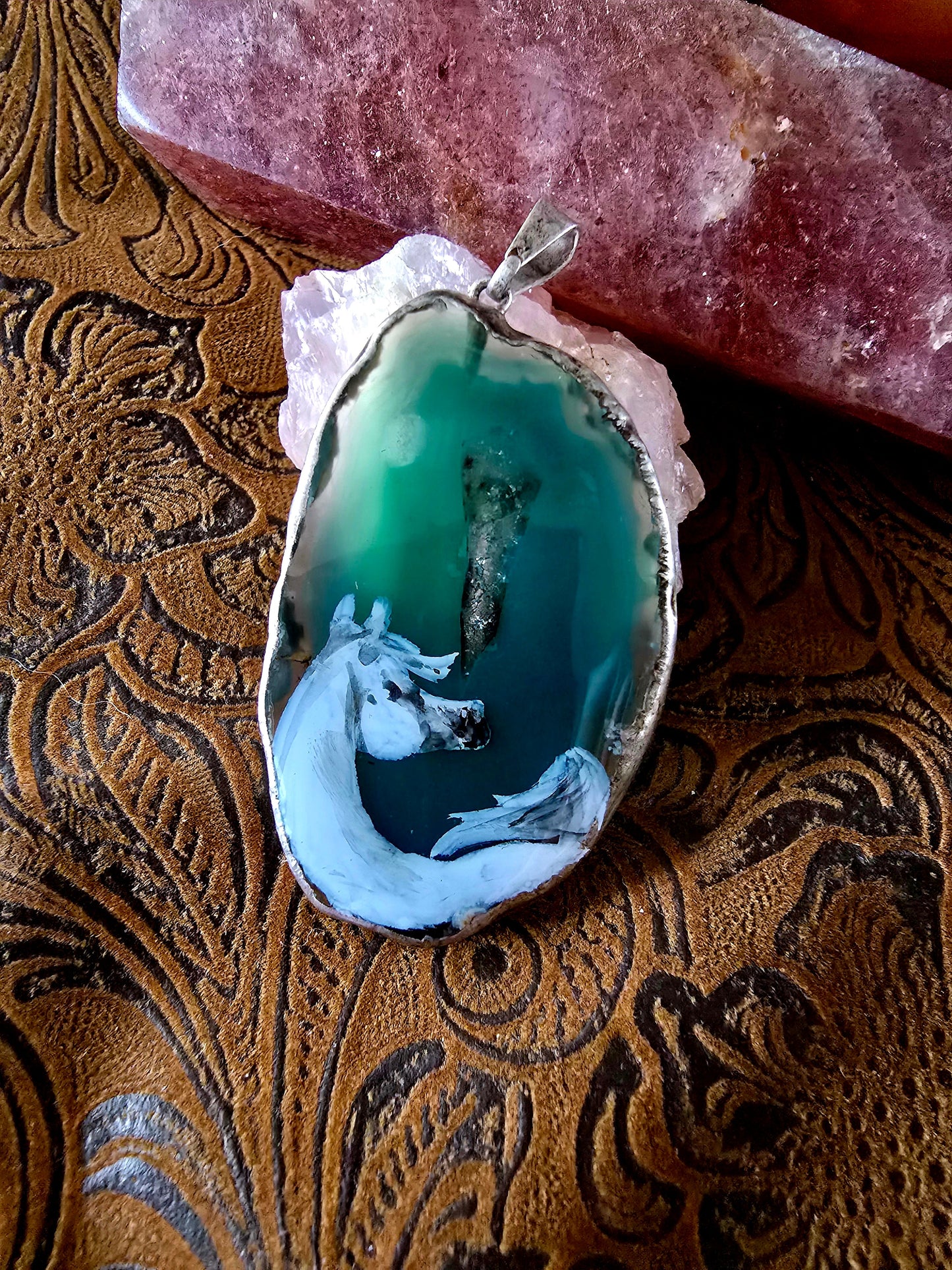 Hand-Painted Arabian Horse Pendant — Teal Dyed Brazilian Agate Slice