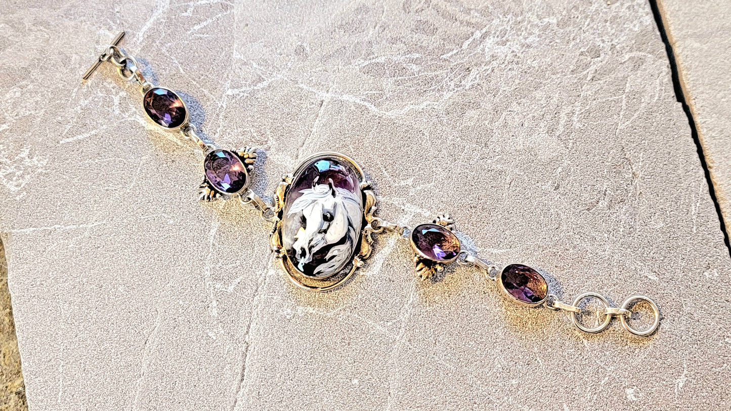 Sterling Silver Hand Painted Horse Cameo Amethyst Bracelet