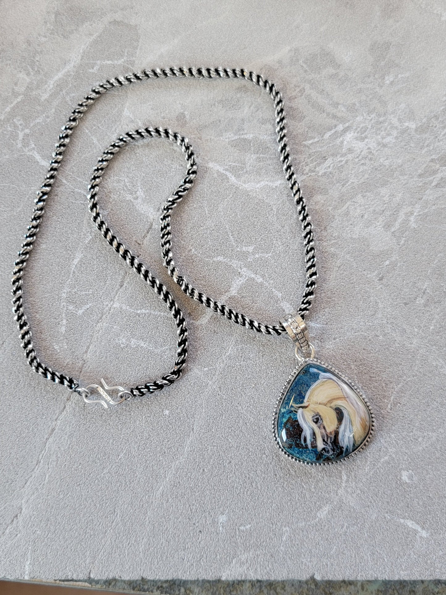 Hand Painted Palomino Horse Chrysocolla Sterling Silver Necklace