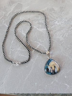 Hand Painted Palomino Horse Chrysocolla Sterling Silver Necklace