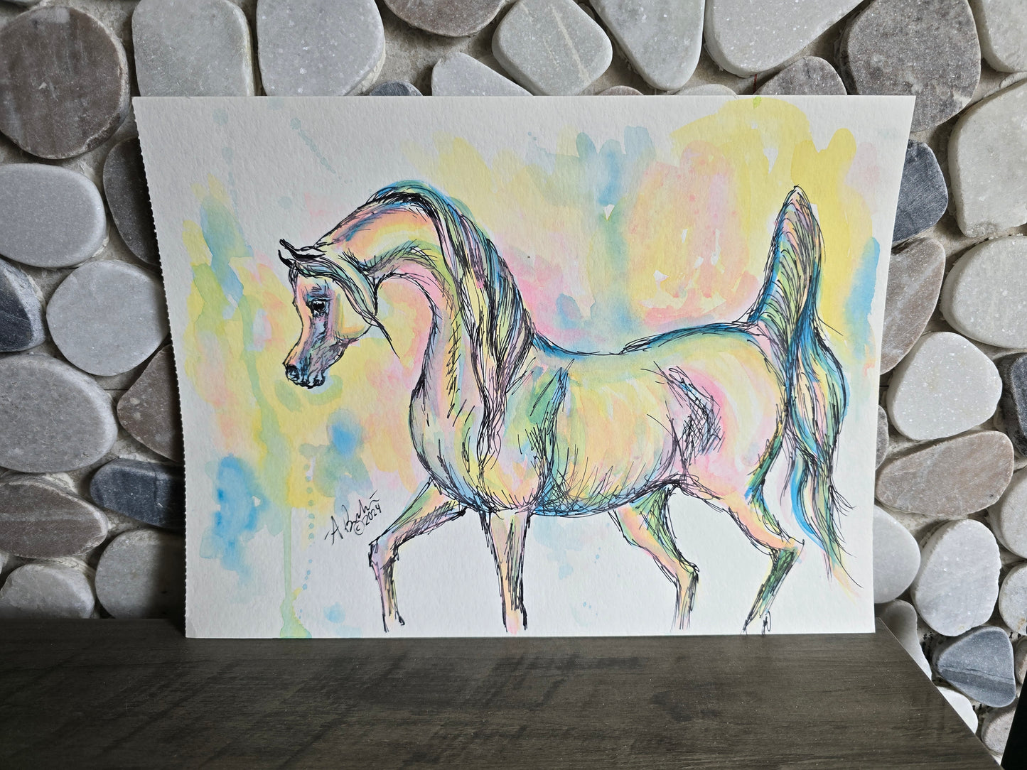Original Abstract Ink & Watercolor — Exaggerated Arabian Horse, approx. 9x12"