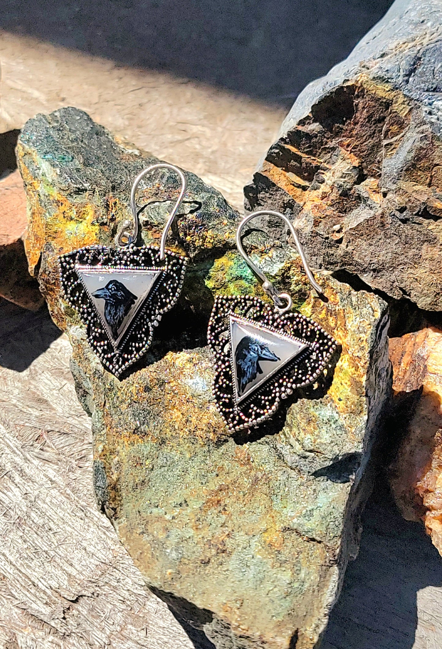Hand Painted Raven Moonstone Gothic Sterling Silver Earrings