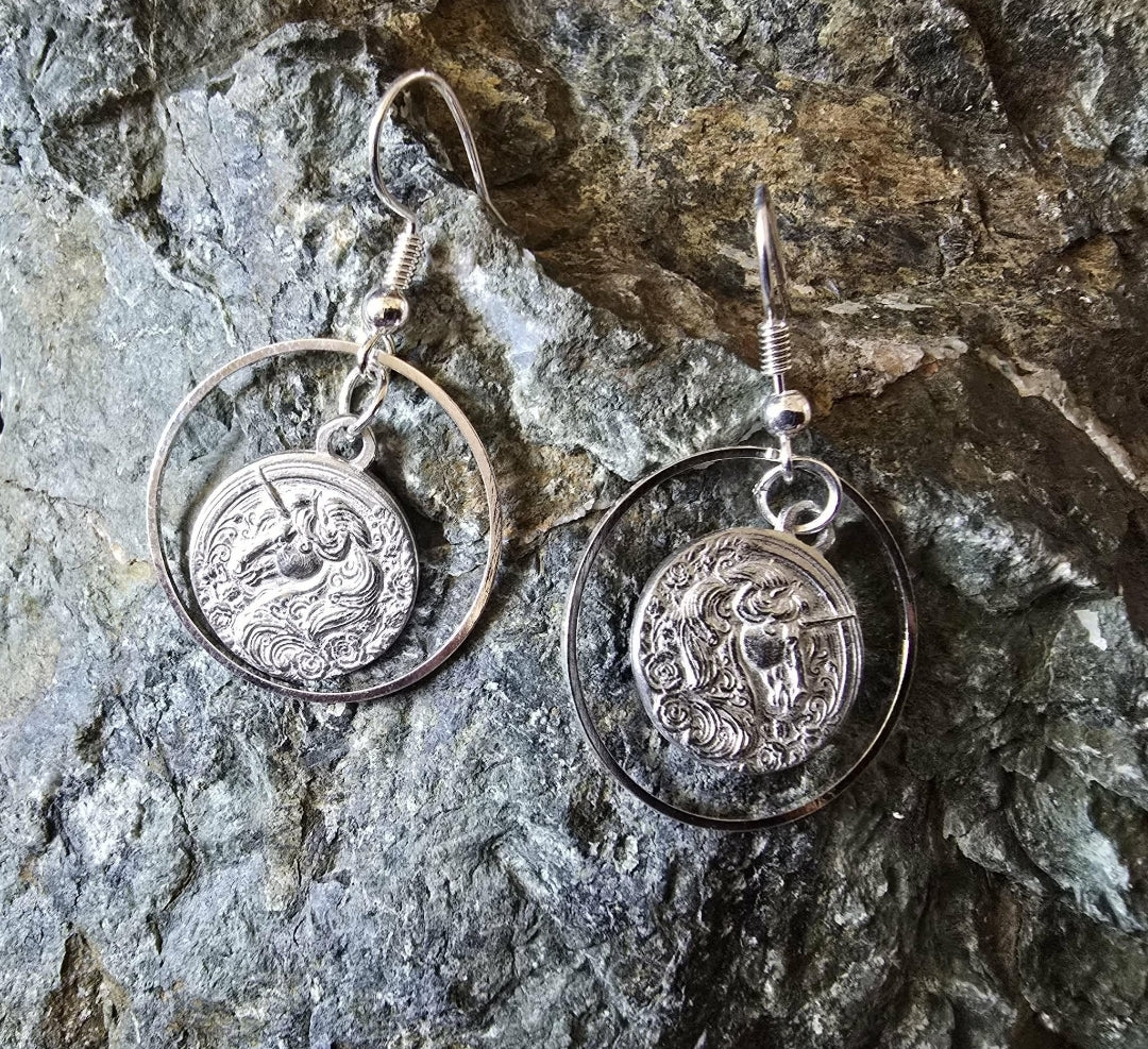 Pewter Unicorn Hoop Earrings Fantasy Horse Jewelry