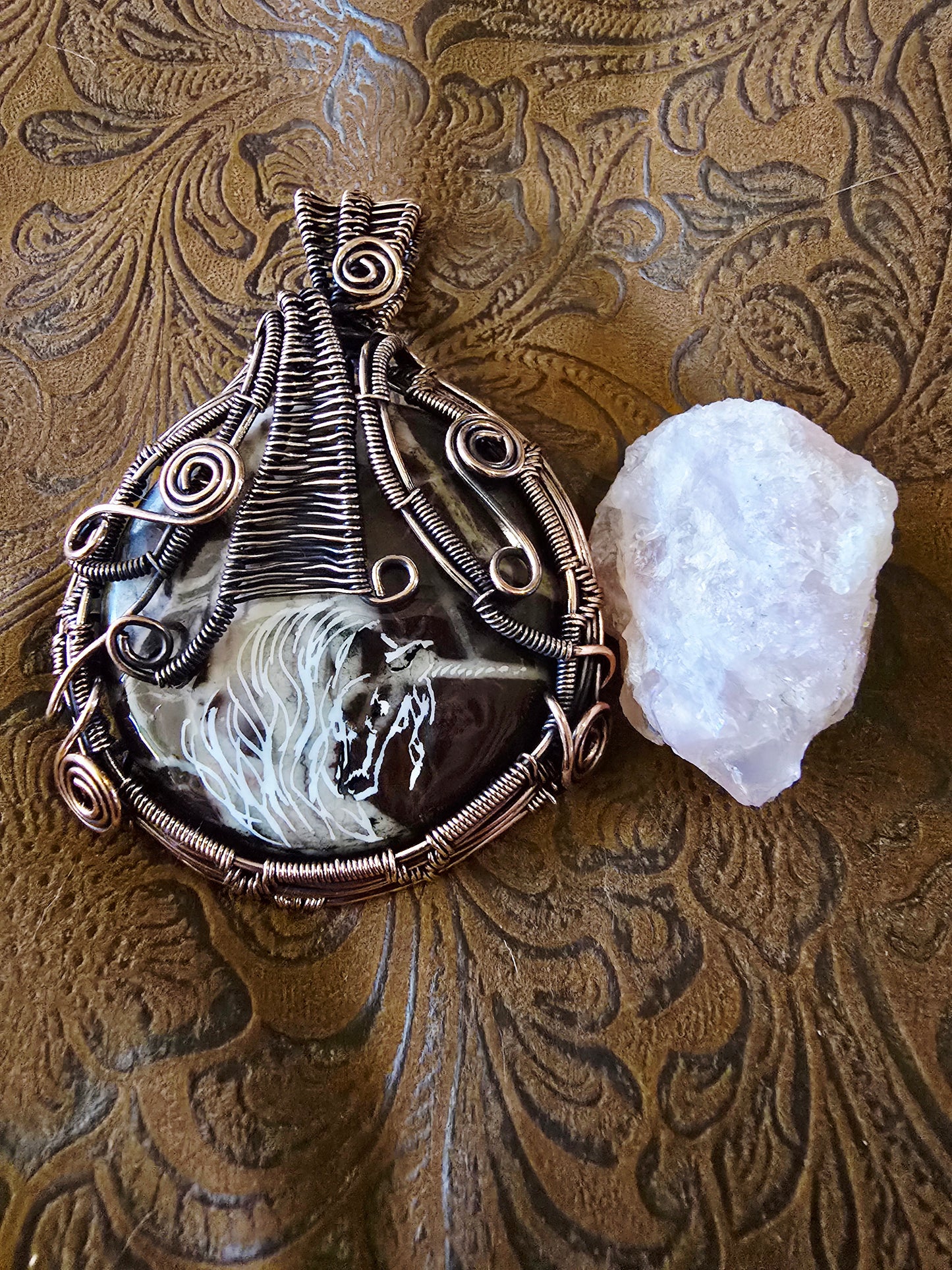 Natural Unicorn Picasso Jasper Wire Wrap Pendant