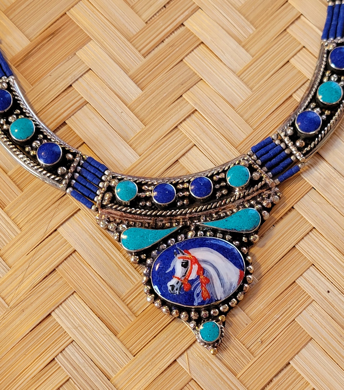 Sterling Silver Bedouin tribal Necklace Hand Painted Arabian Horse