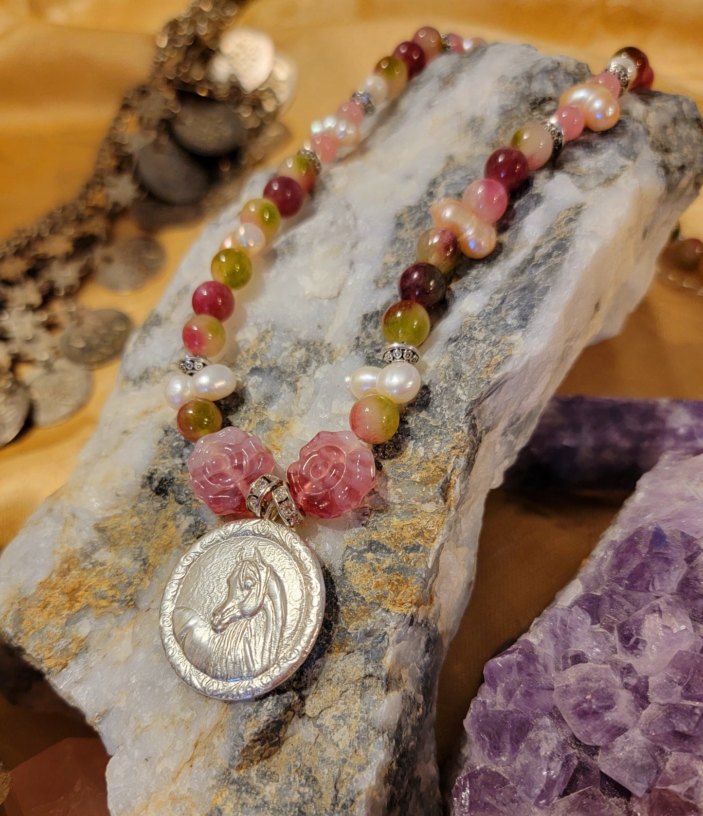 Arabian Horse Sterling Silver Necklace — Rose Quartz, Biwa Pearls & Pink Tourmaline