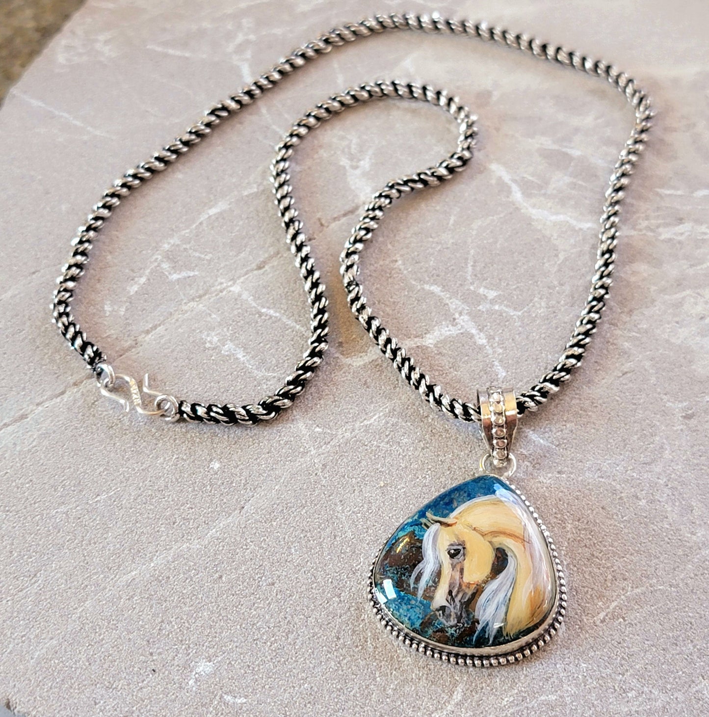 Hand Painted Palomino Horse Chrysocolla Sterling Silver Necklace
