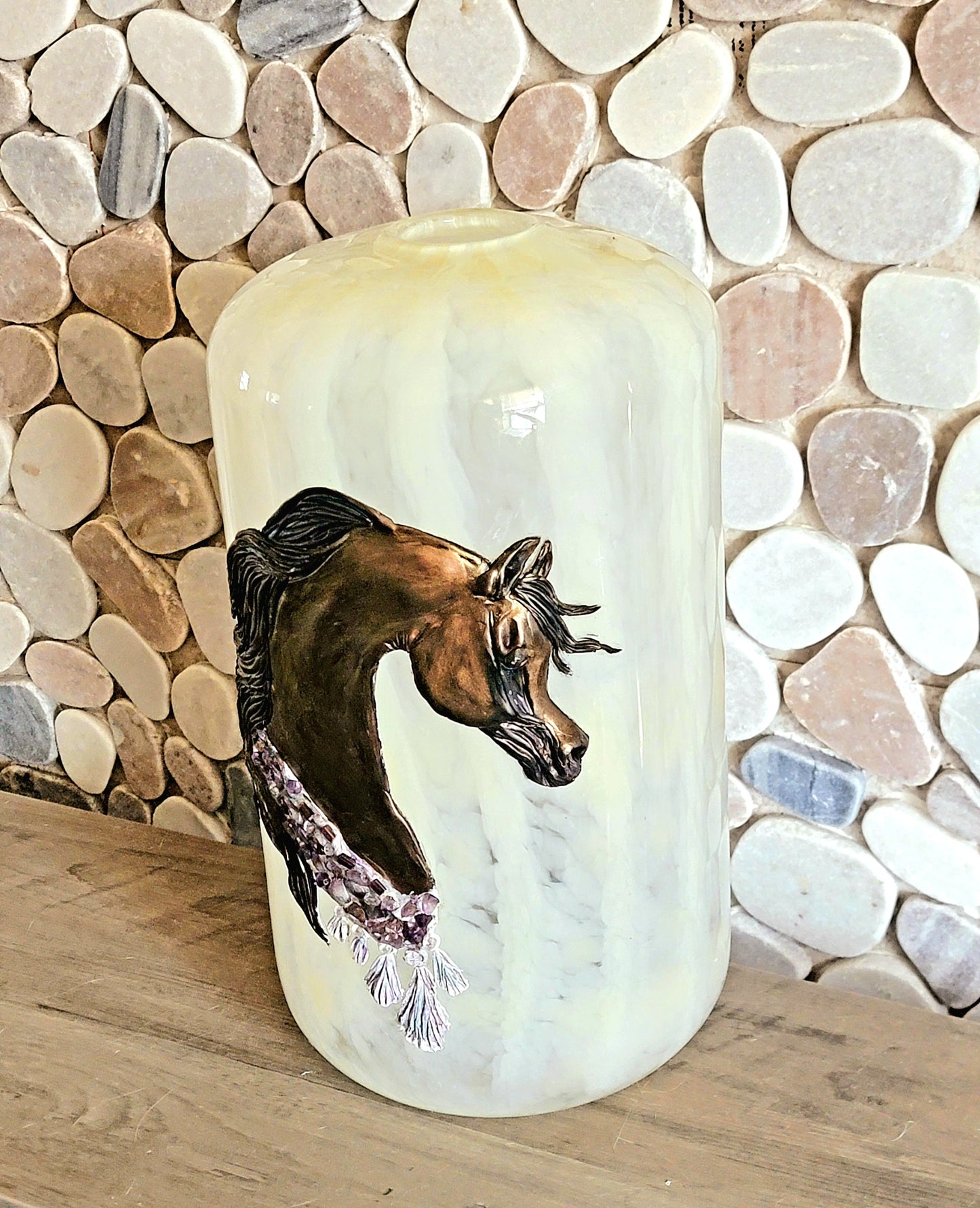 Arabian Horse Epoxy Resin Sculpture on Hand Blown White Swirl Glass Vase — Amethyst Gemstone Breast Collar