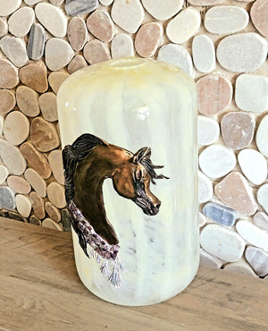 Arabian Horse Epoxy Resin Sculpture on Hand Blown White Swirl Glass Vase — Amethyst Gemstone Breast Collar