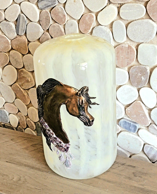 Arabian Horse Epoxy Resin Sculpture on Hand Blown White Swirl Glass Vase — Amethyst Gemstone Breast Collar
