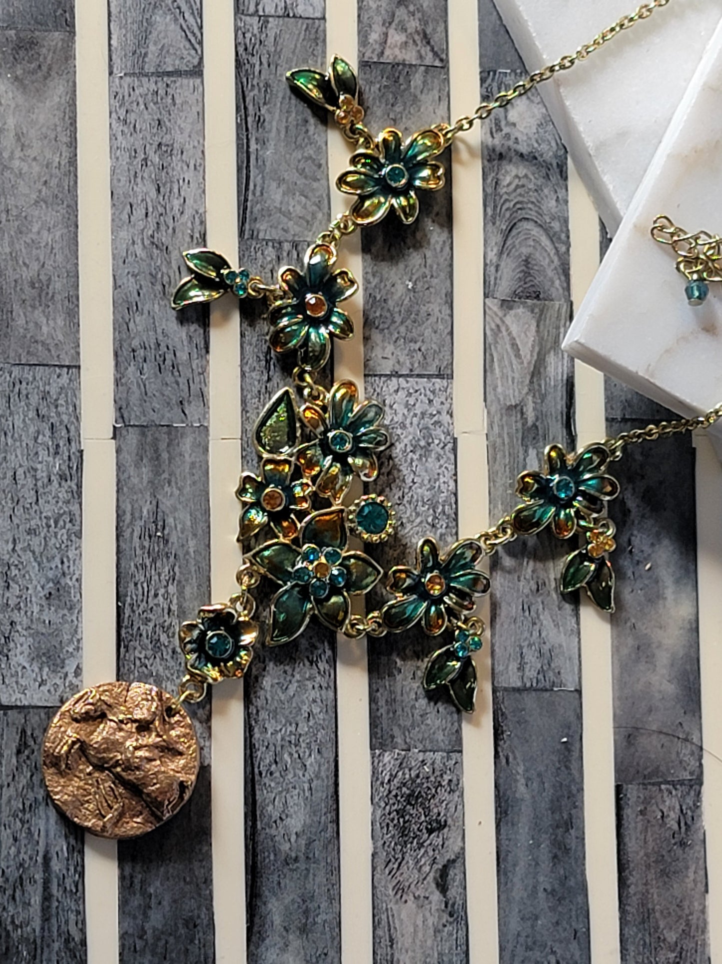 Hunter Jumper Bronze Clay & Teal Enamel Floral Necklace