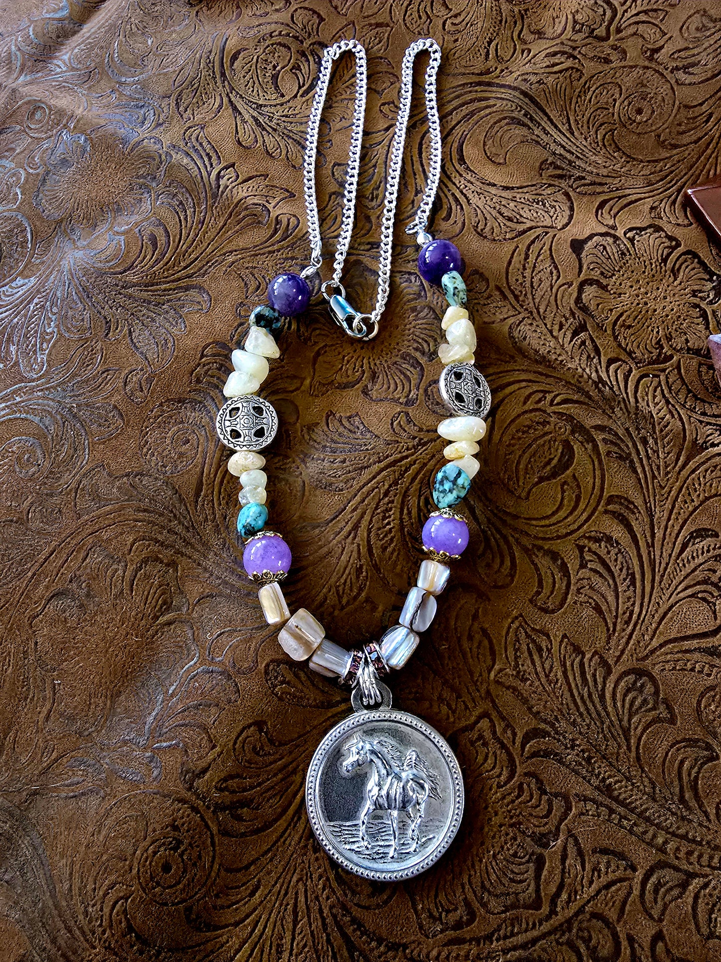 Pewter Arabian Horse Medallion Necklace — Amethyst, African Turquoise, Pearl & Citrine Gemstones, 24"
