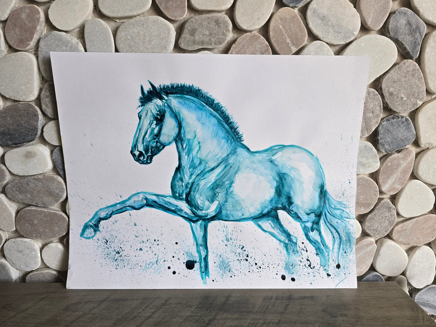 Original Watercolor — Teal Galloping Horse 11x15”