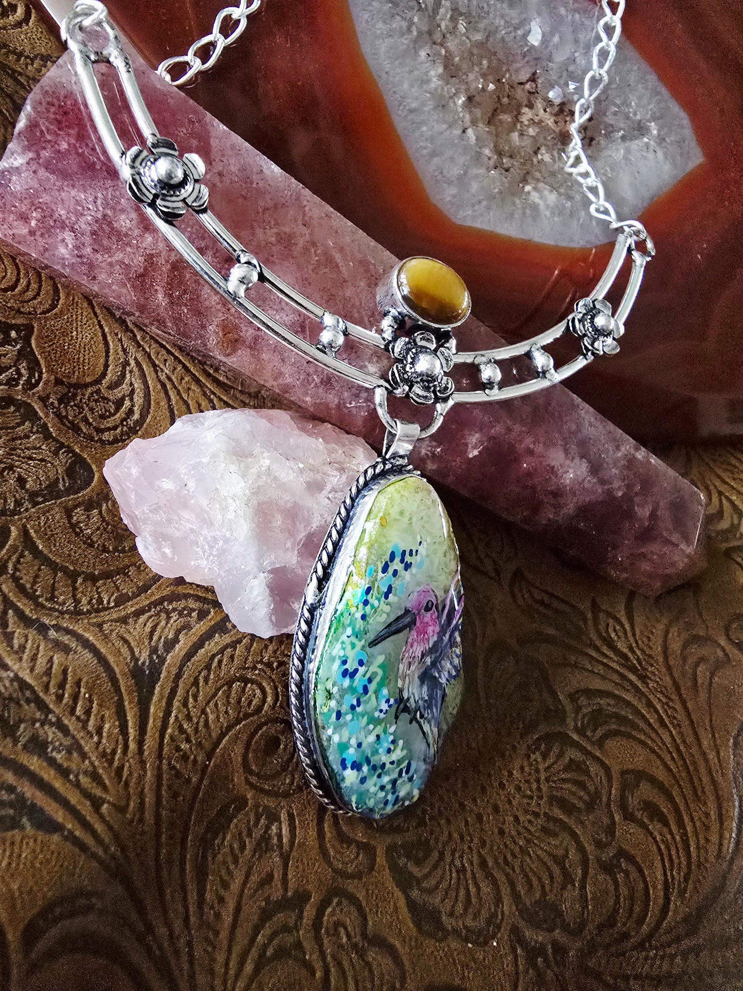 Hand Painted Hummingbird Solar Quartz & Tiger Eye Sterling Silver Necklace