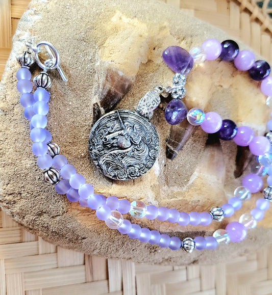 Beaded Unicorn Horse Pewter Necklace set