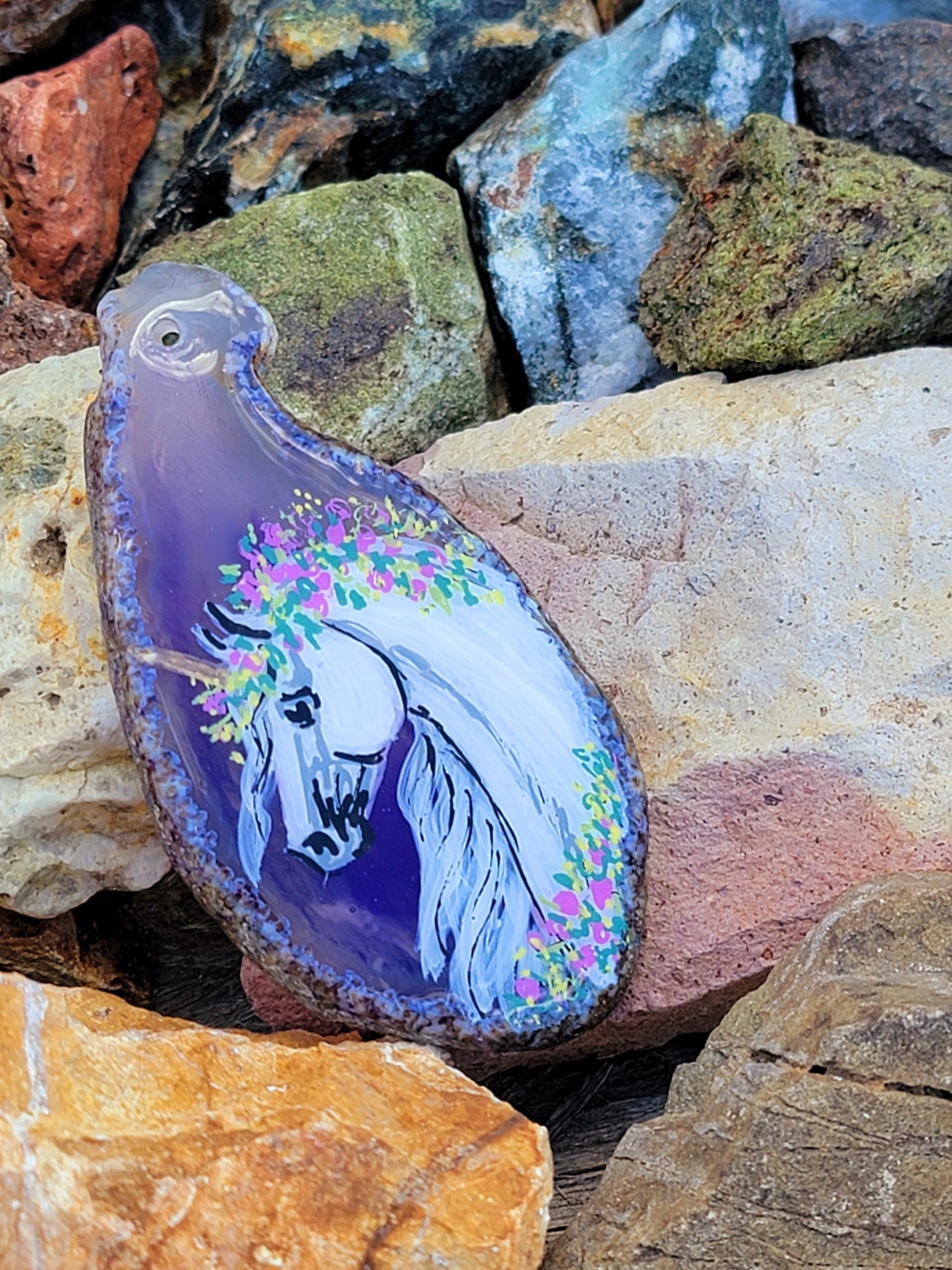 Hand-Painted Unicorn Purple Agate Slice Pendant — Bail Included