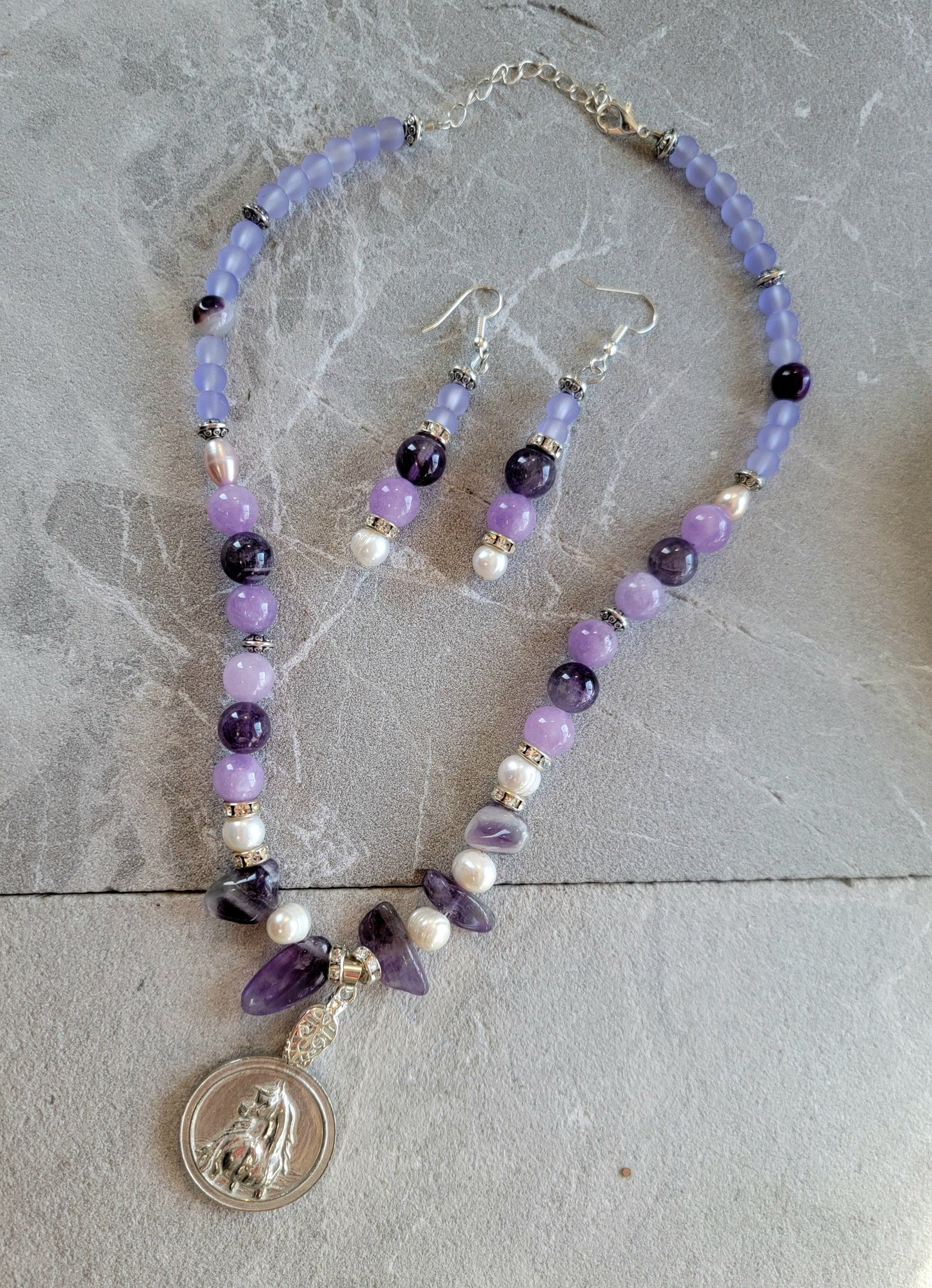 Arabian Horse Pewter Medallion Amethyst Pearl & Sea Glass Necklace and Earring Set