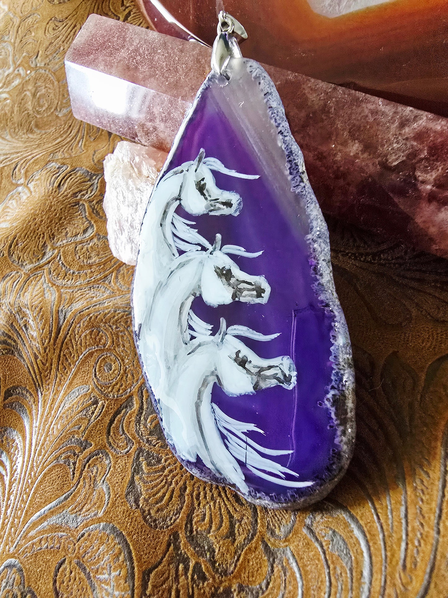 Hand-Painted Three Horses Pendant — Purple Dyed Brazilian Agate Slice
