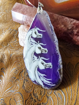 Hand-Painted Three Horses Pendant — Purple Dyed Brazilian Agate Slice