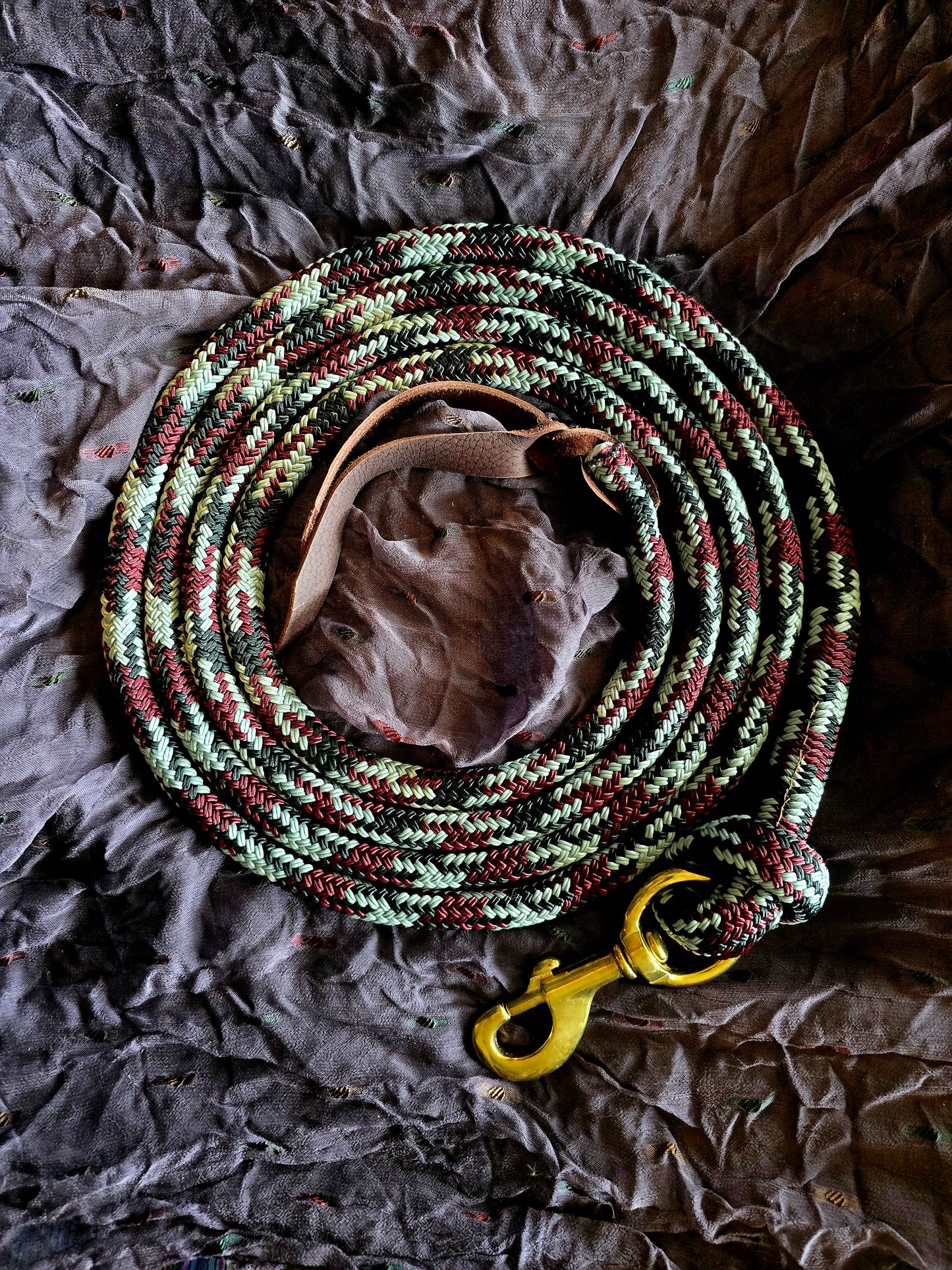 Handcrafted 10' Lead Rope with Leather Popper — Black, Burgundy & Gray