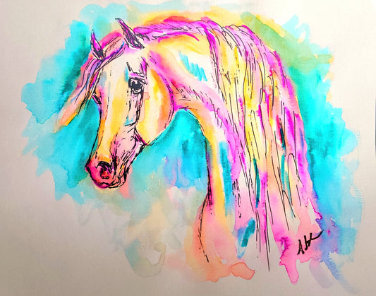 Rainbow Horse — Original 9x12" Watercolor Painting