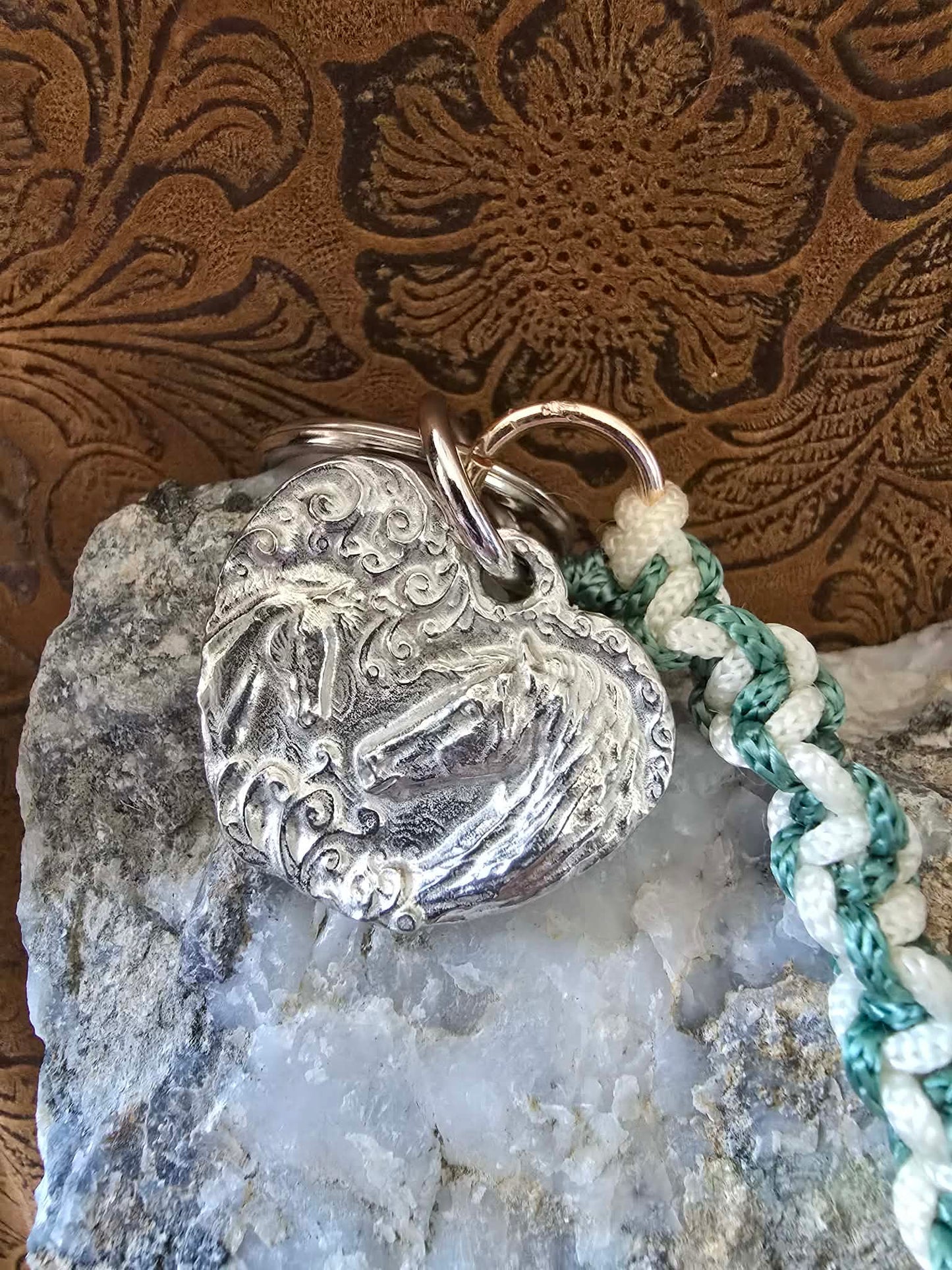 Mare and Foal Pewter Keychain and macrame braided lanyard