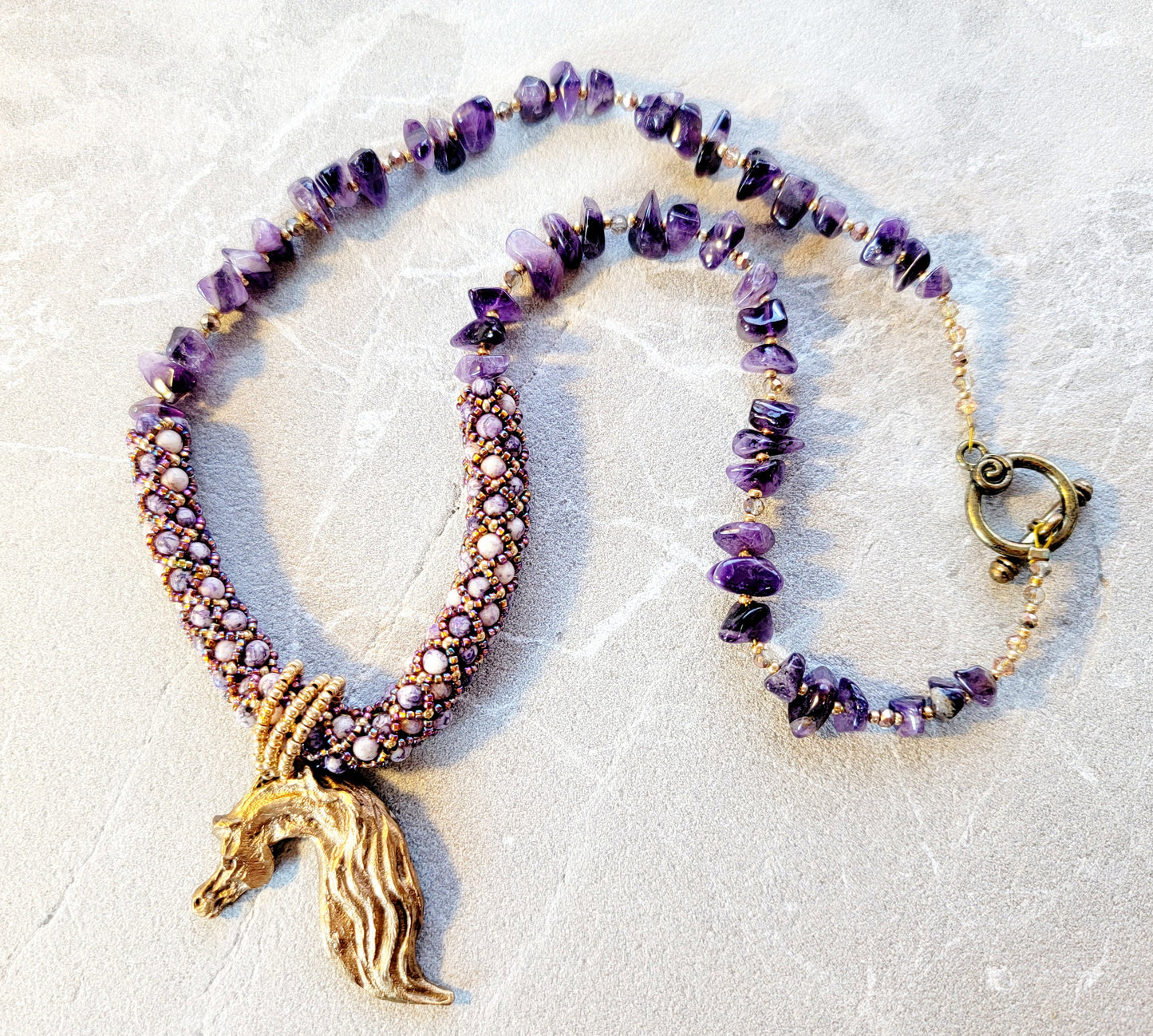 Hand Sculpted Bronze Horse Pendant Beaded Necklace