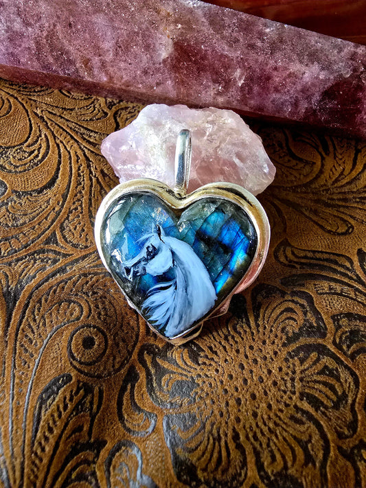 Heart Labradorite Horse Pendant – Handpainted Original Art