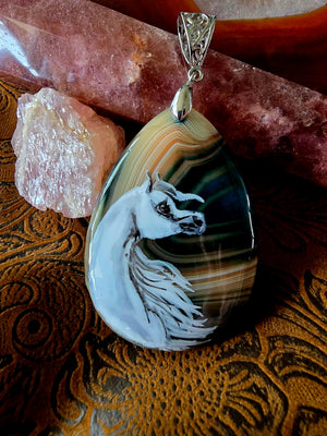 Hand-Painted Arabian Horse Pendant — Botswana Agate