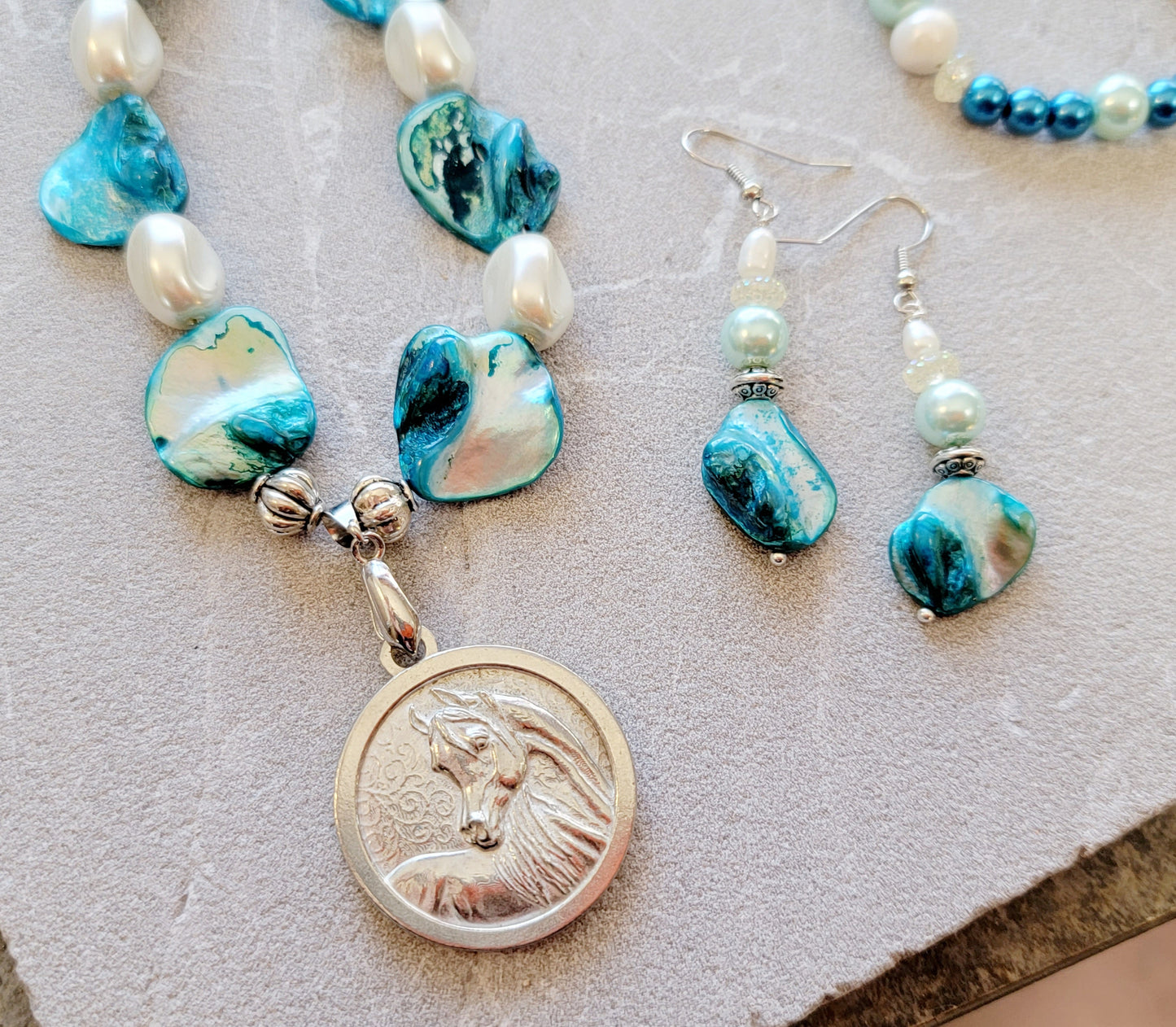 Pewter Horse Medallion Teal Shell & Pearl Necklace and Earring Set