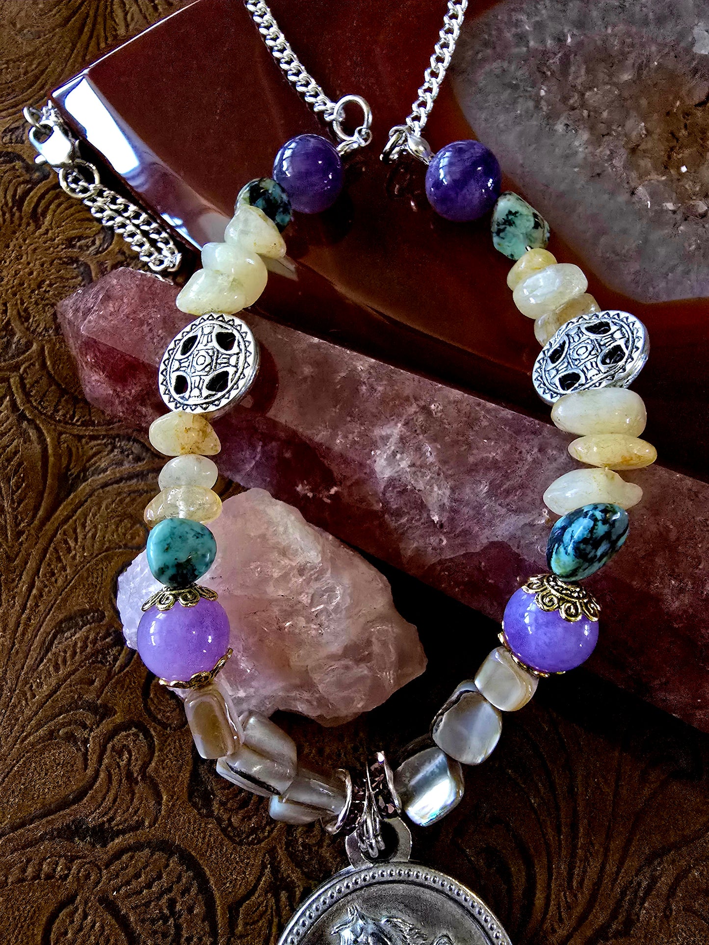 Pewter Arabian Horse Medallion Necklace — Amethyst, African Turquoise, Pearl & Citrine Gemstones, 24"