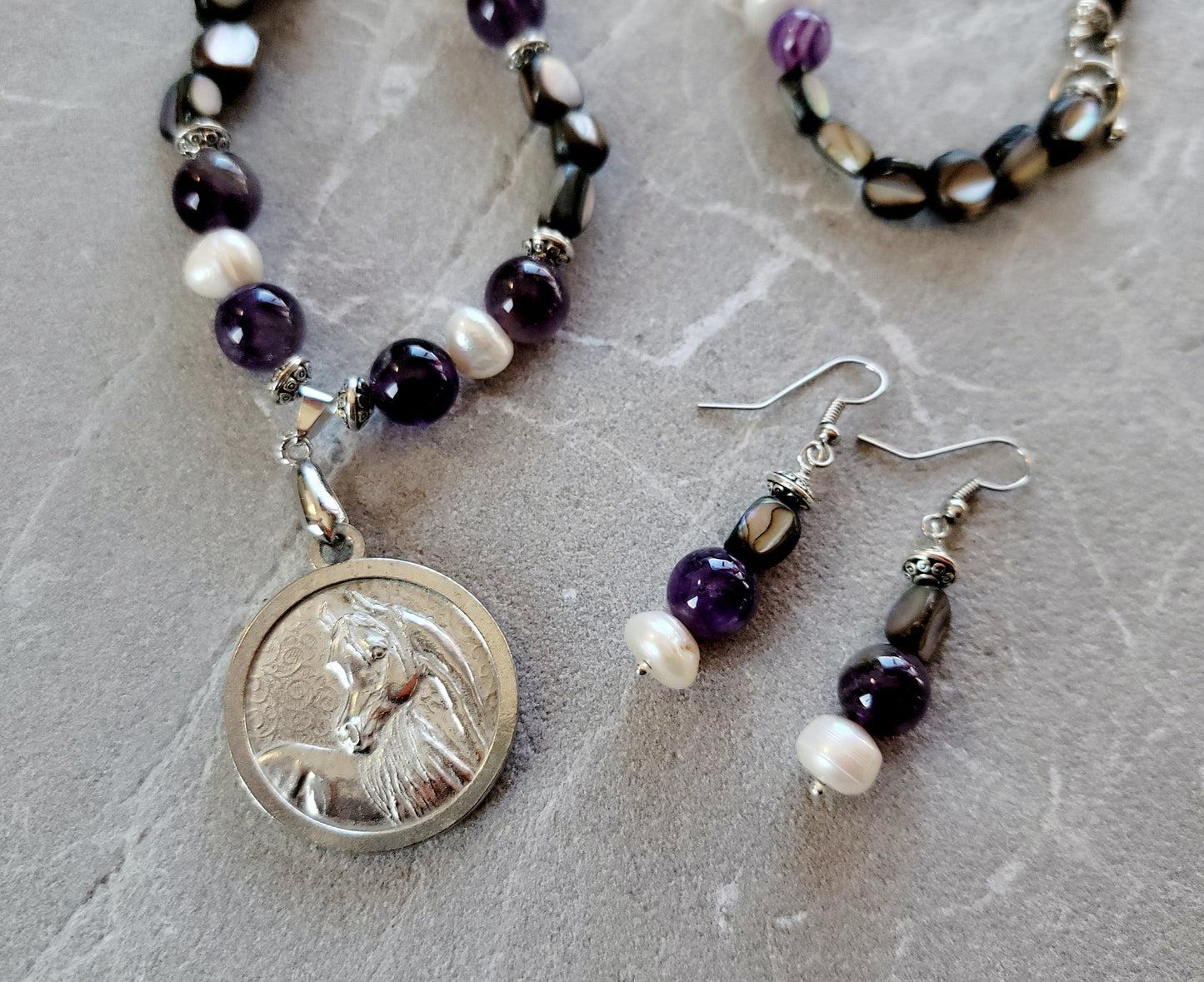 Pewter Horse Medallion Amethyst Pearl & Shell Necklace and Earring Set