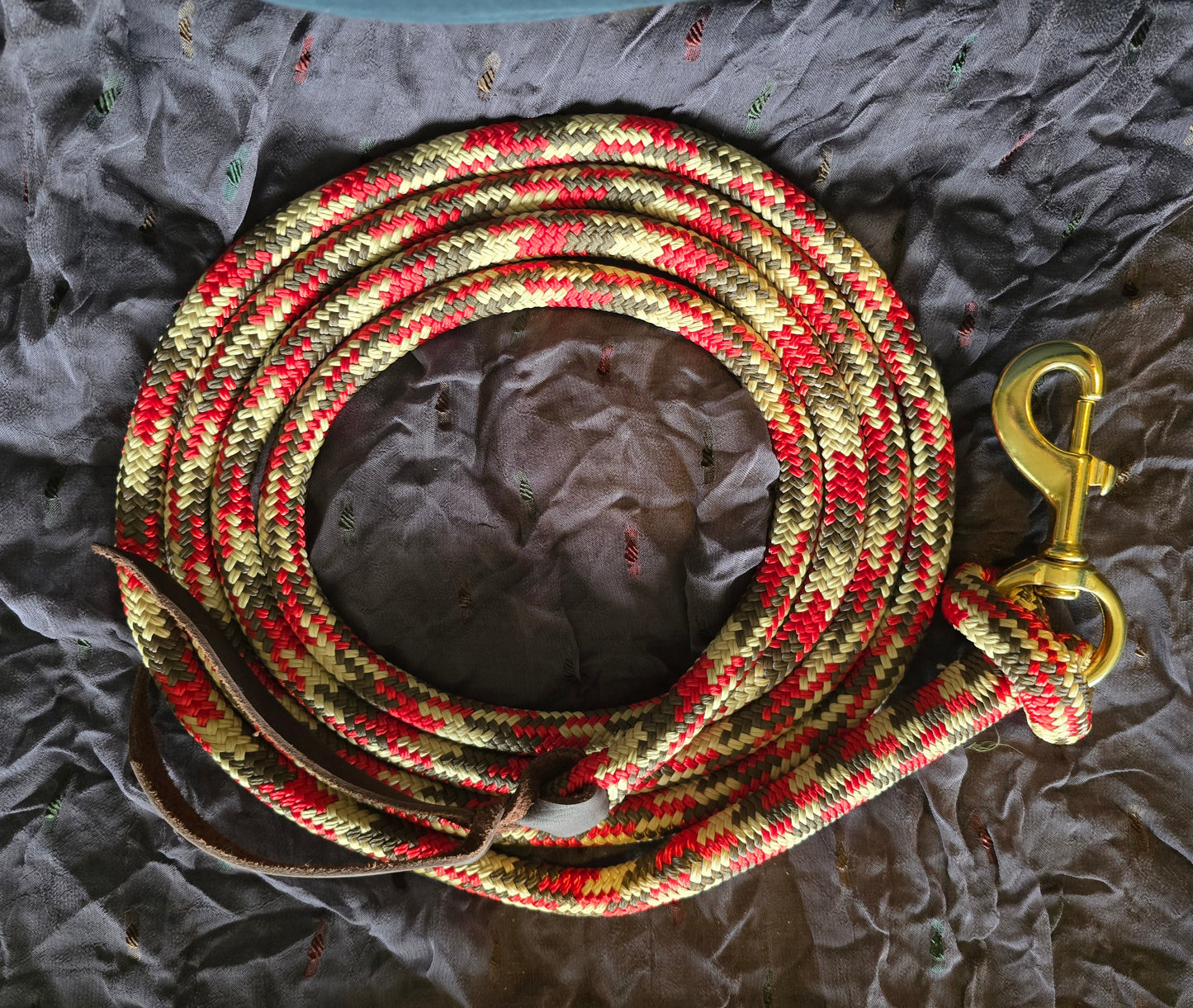 Handcrafted 10' Lead Rope with Leather Popper — Brown, Red & Tan