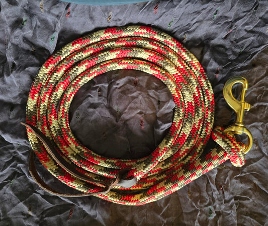 Handcrafted 10' Lead Rope with Leather Popper — Brown, Red & Tan